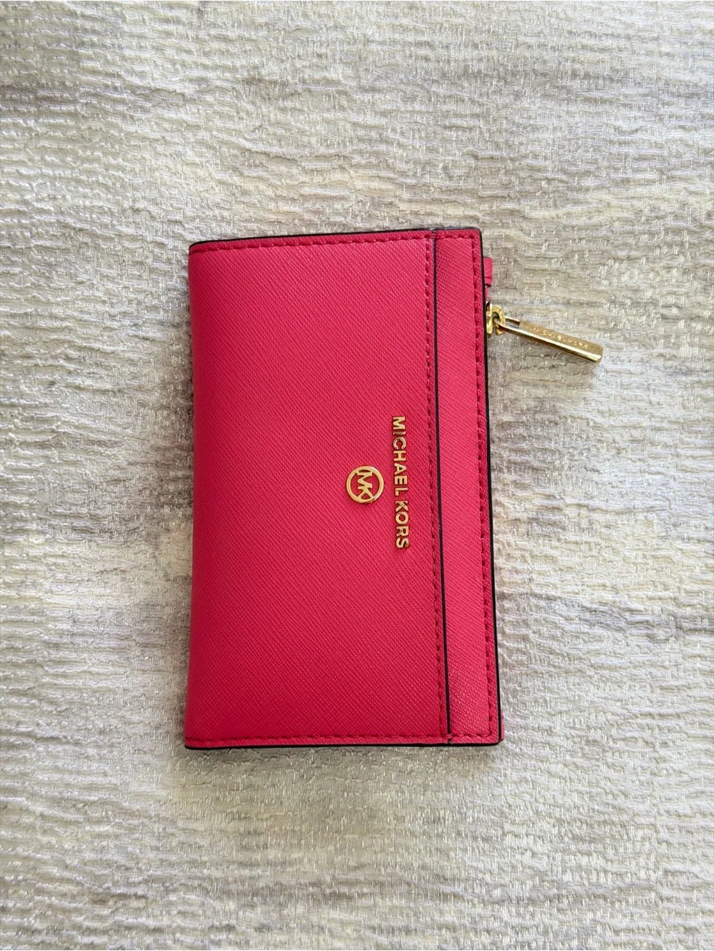MICHAEL KORS Bright Pink Saffiano Zip Wallet with Gold Hardware